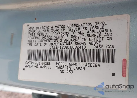 2001 Toyota Prius z USA, uszkodzony, nr VIN JT2BK12U810032410